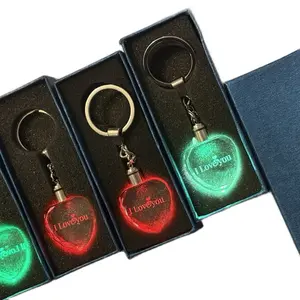 Cute Heart Shaped Keychain Valentine Present Gift Love Glass Crystal Key Chain with LED Light for Romantic Gifts Bag