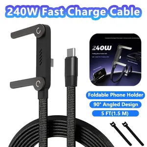 240W Braided Quick Charge Cable Featuring an Integrated Phone Stand, USB C Cable, 5 FT (1.5 M) Type C Charging Cord, 2-In-1 Collapsible Phone Holder, Sturdy Multi-Purpose Charger Cord, Suitable for Iphone 17/Smartphones/Tablets