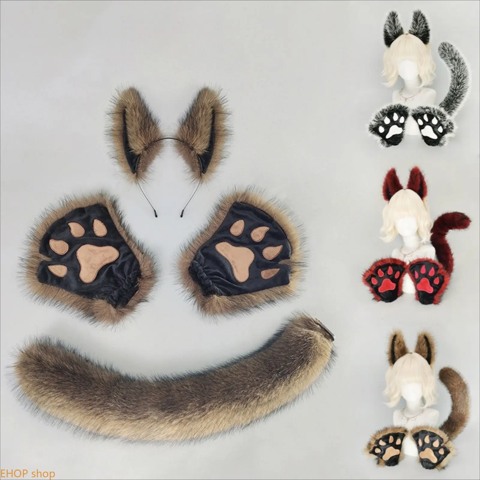 Halloween Werewolf Costume Accessory Set, Animal Wolf Ear Headband, Beast Claw Gloves & Wolf Tail, Cosplay Party Outfit Props for Halloween Themed‑Party