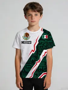 Boys' short-sleeved T-shirt with Mexican theme, featuring national flag color matching and Aztotec totem print design, skin-friendly and breathable fabric, suitable for boys' daily wear, campus activities and sports event-themed activities