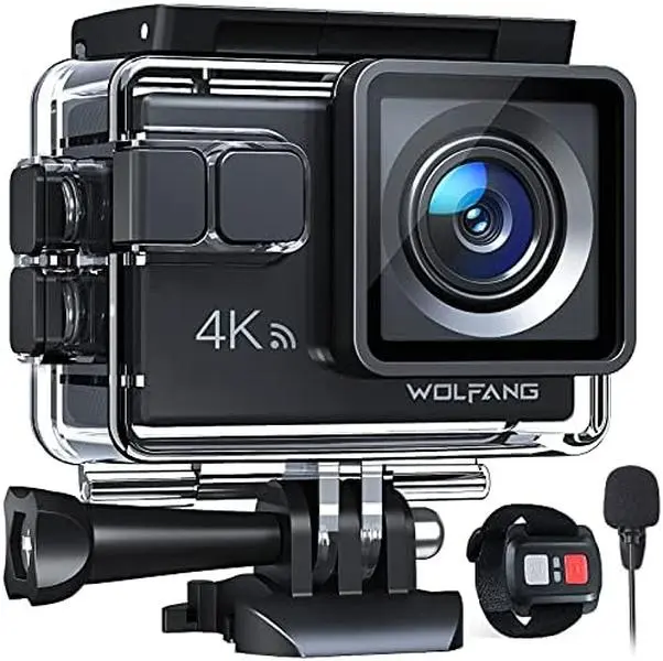 WOLFANG GA100 Action Camera 4K 20MP Waterproof 40M Underwater Camera EIS Stabilization WiFi 170° Wide Angle Helmet Camera (External Microphone, Remote Control, 2 Batteries and Accessory Kit) Cable Card