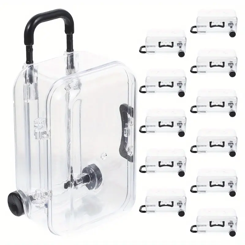 12pcs Mini Transparent Plastic Suitcase Storage Boxes with Retractable Wheels - Jewelry Snack Organizer, Wedding Birthday Party Favor Gift Box, Travel Luggage Candy Case.