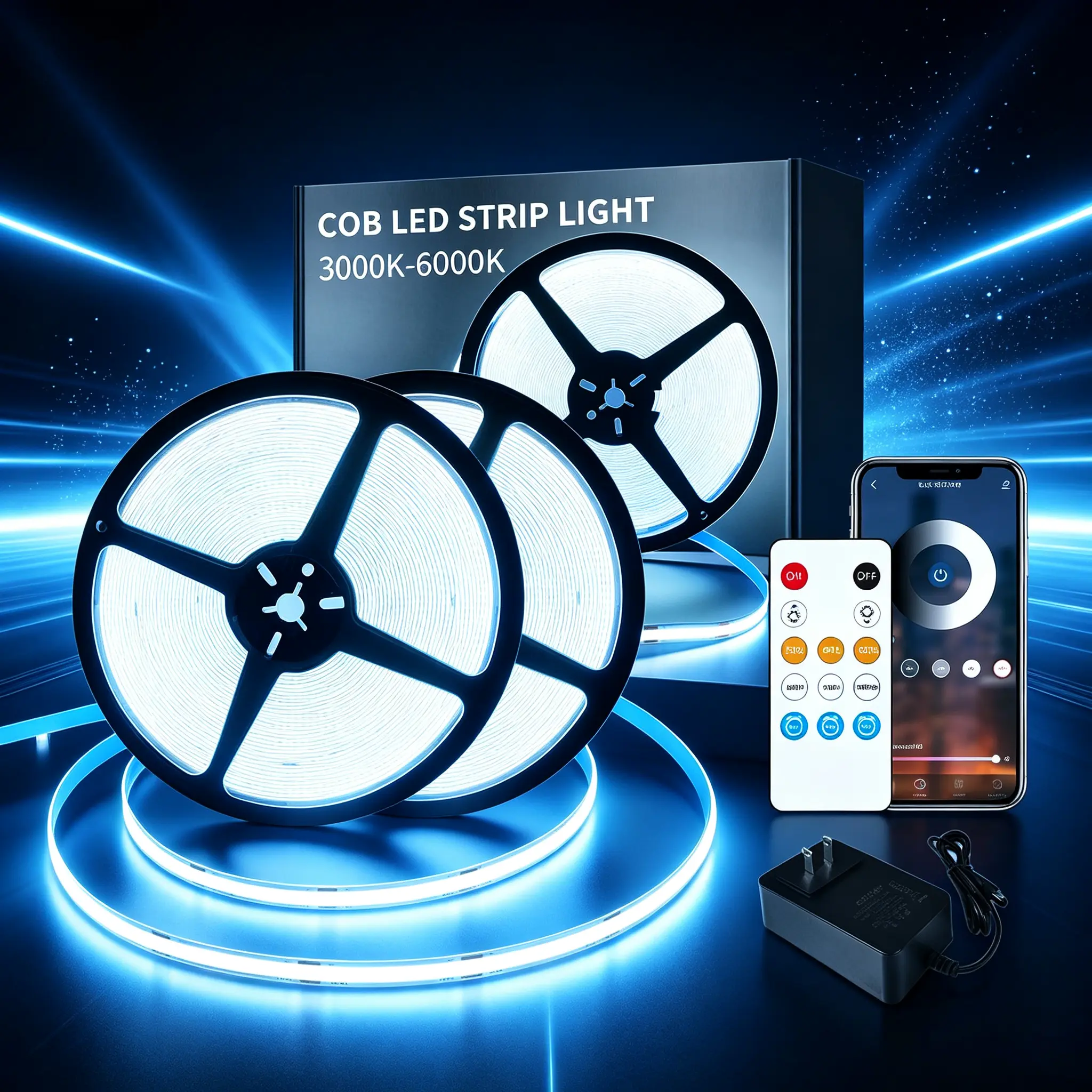 100FT COB LED Strip Lights (2 Rolls of 50FT), 3000K-6000K DC 24V Dimmable White Flexible Rope Lights, Remote & App Controlled for Bedroom, Living Room