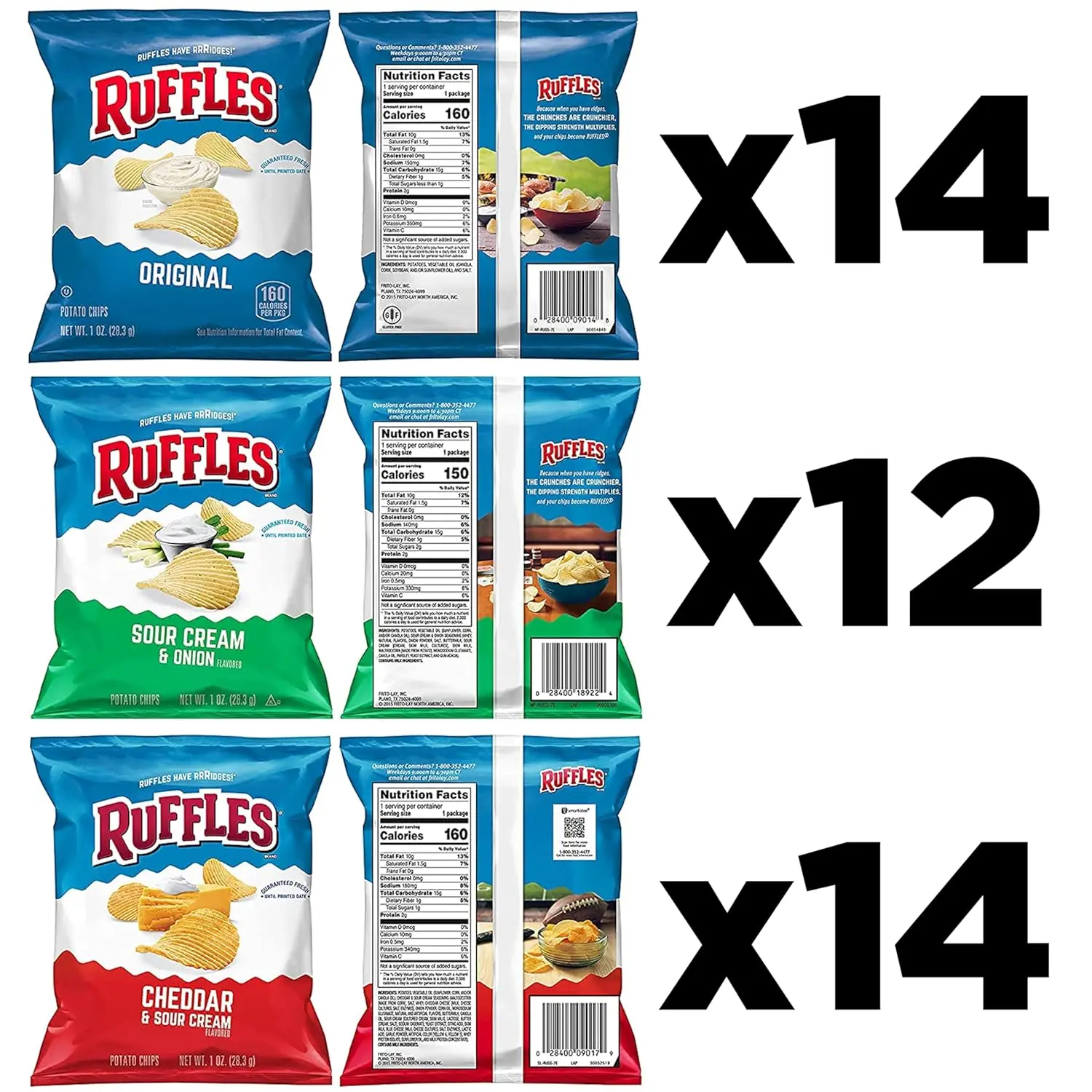 Ruffles Potato Chips Variety Pack, 40 Count, Crispy Snack Variety