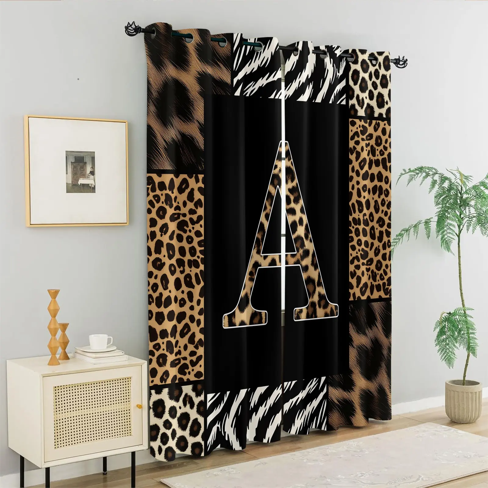 Letter Leopard Print Patchwork Grommet Blackout Curtains Set of 2 Panels, Cheetah Zebra Animal Print Splicing Design, Thermal Insulated Light Blocking Noise Reducing Energy Saving Window Drapes, Stylish Modern Bedroom Decor Present Easy Install Curtain