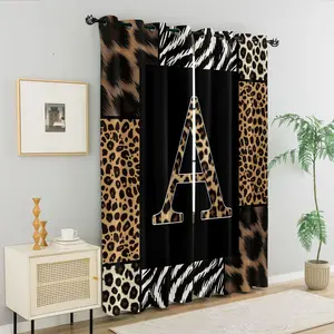 Letter Leopard Print Patchwork Grommet Blackout Curtains Set of 2 Panels, Cheetah Zebra Animal Print Splicing Design, Thermal Insulated Light Blocking Noise Reducing Energy Saving Window Drapes, Stylish Modern Bedroom Decor Present