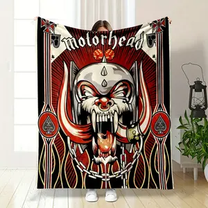 Motorhead Band Blanket, Featuring the Classic Warpig Mascot in Playing Card Style Design, with Bold Red and Black Tone, Spade Patterns and Chains Elements, Perfect for Rock Fans to Use as Sofa T
