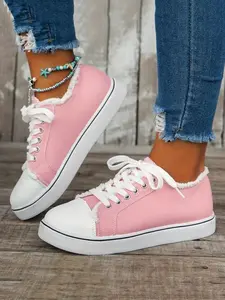 Summer New Faux Fur Trim Canvas Sneaker Shoes Women Low Top Lace-Up Soft Sole Breathable Casual Sports Shoes