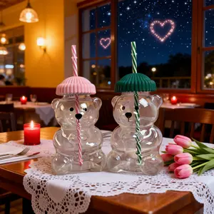 2026 Seasonal Limited Cute Bear Glass Straw Cup - Coffee Mug with Pink Lid, Bear Pattern Design, Perfect for Coffee, Tea & All Beverages Bottle Drinkware Tumblers festive coffee