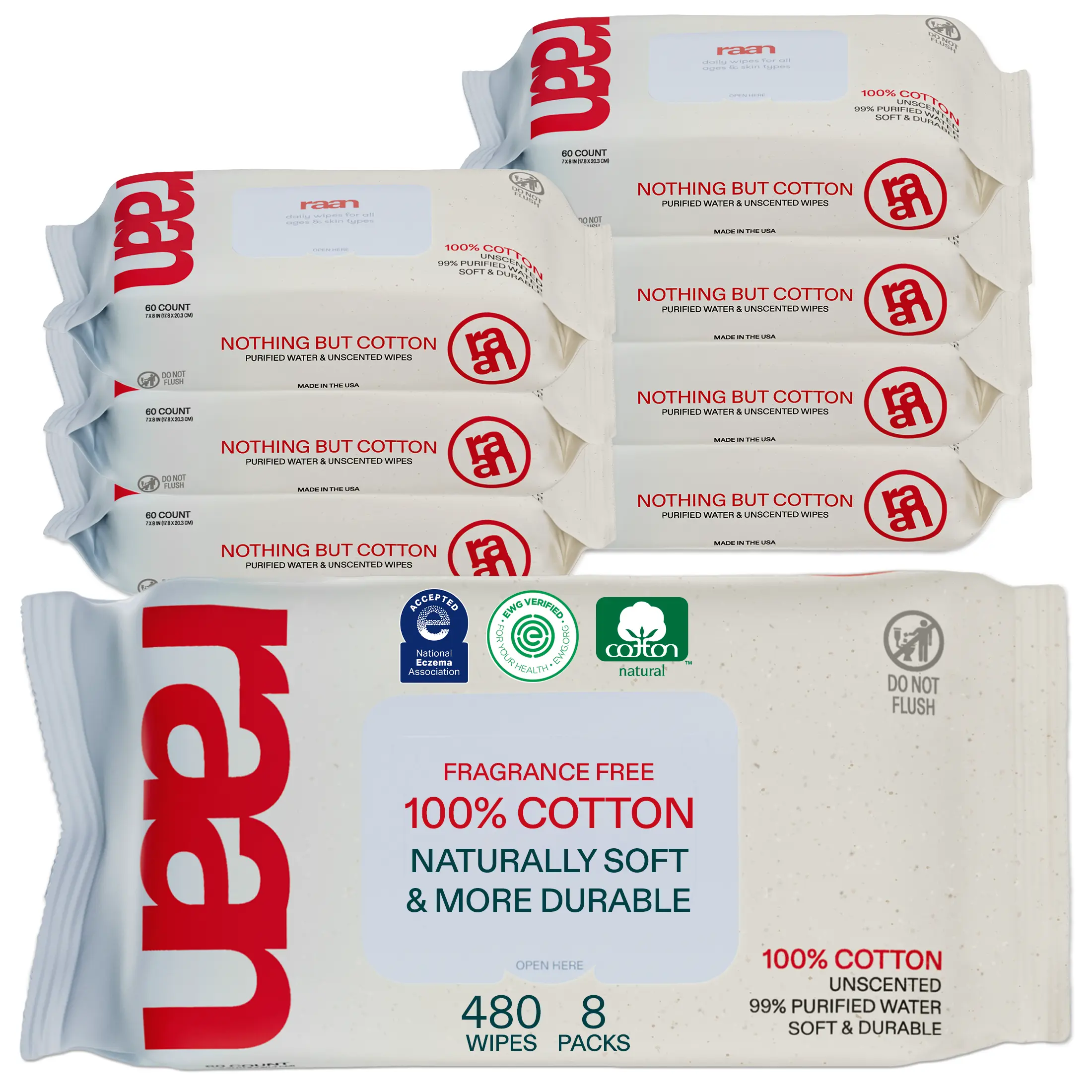 Nothing But Cotton Water Wipes, 480 Count, 8 Packs