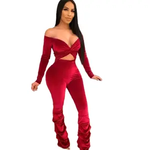 Hollow Out Stacked Jumpsuit - Red Velvet Off The Shoulder Long Sleeve Cut Out Design Fashion Wear