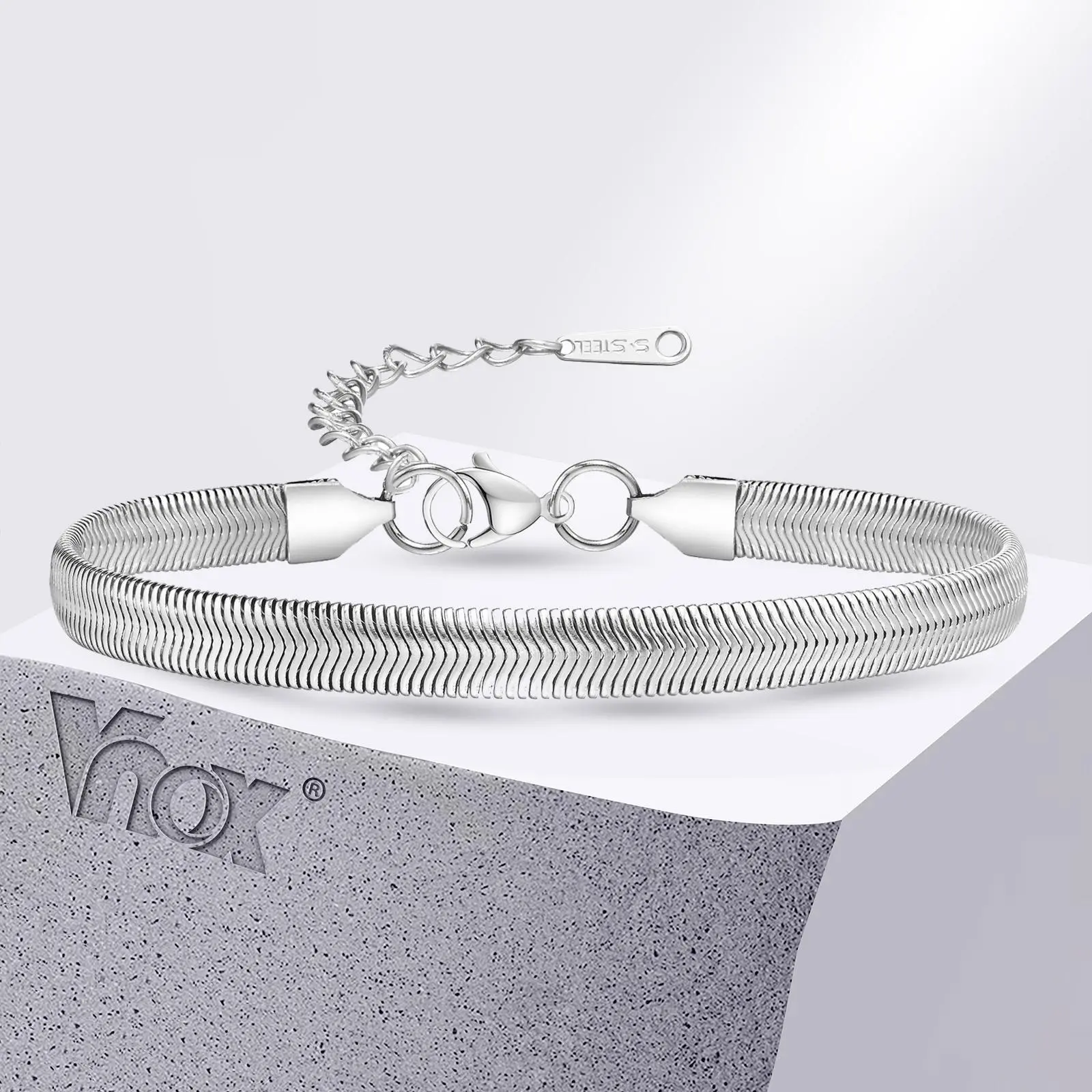 Vnox 6mm Unisex Flat Snake Chain Bracelets, Mens Women Herringbone Links Bracelet, Adjustable Stainless Steel Simple Jewelry