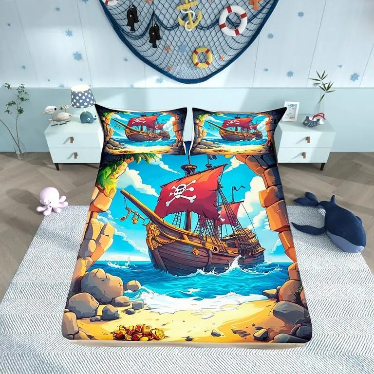Pirate Boat Bedding Set Navigation Treasure Adventure Bed Set Bedroom Decor Gothic Sugar Skull Fitted Sheet Soft Microfiber Nautical Bed Cover,No Flat Sheet