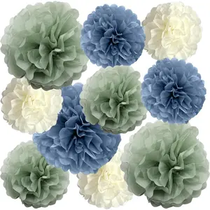 Sage Green Dusty Blue Ivory 10 Pack Blue Green Boho Tissue Pom Poms Paper Flowers for Party Decor Wedding Centerpieces Baby Shower Backdrop Birthday Bridal Tea Party Table Wall Hanging Decor