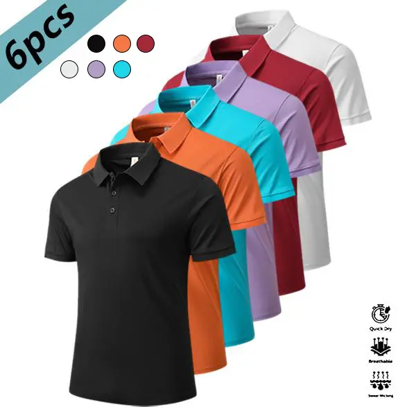 Men's 6-Piece Plain Shortsleeve Polo Shirts Set - Menswear, Cotton Blend, Quick-Dry, Stylish, Comfortable, Equestrian Wear, Suitable for Casual Parties, Travel