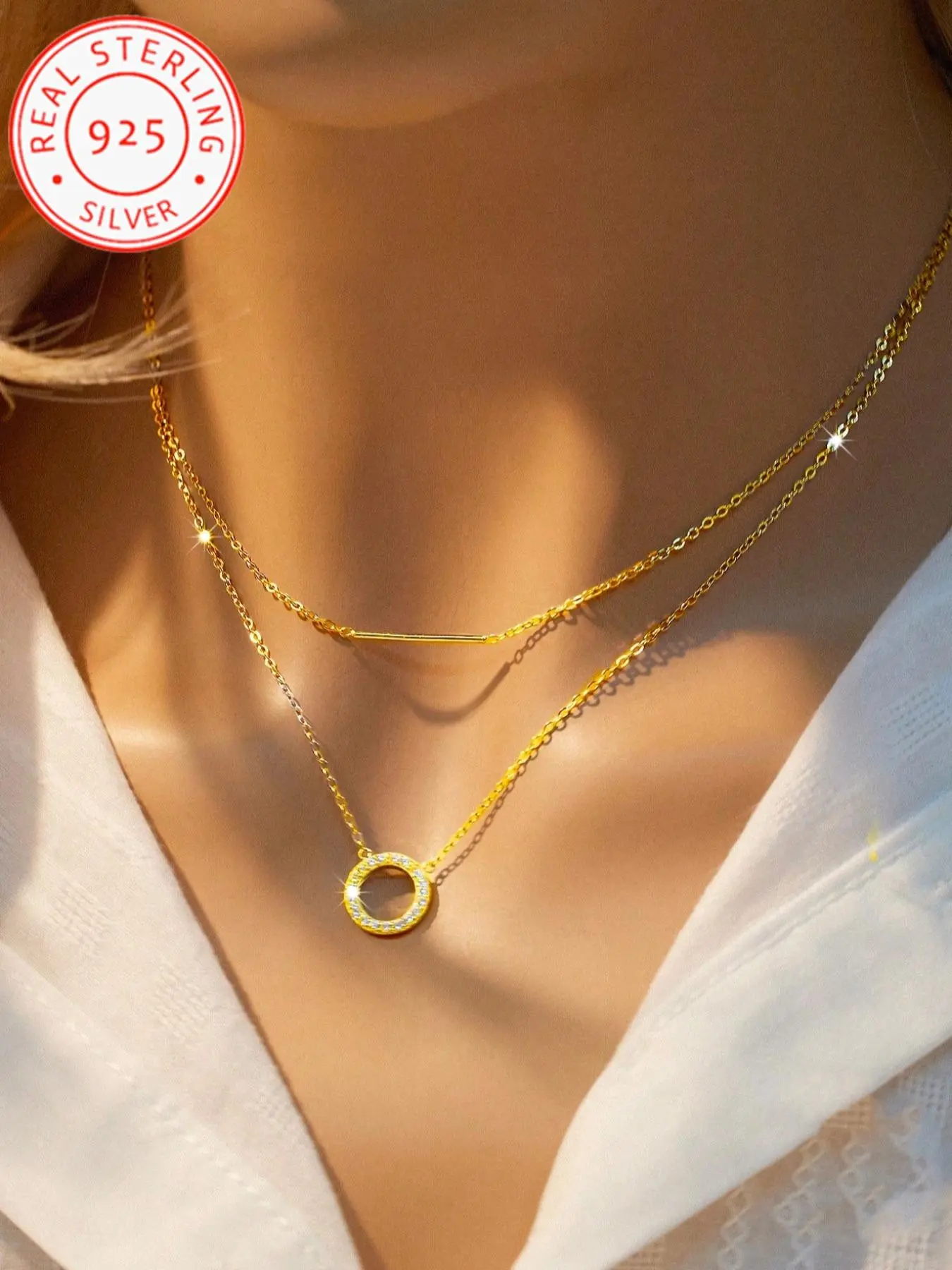 925 Silver Color Double Layer Necklace with Elegant Design, Vertical Bar and Round Openings, Charming Cubic Zirconia Accents, Perfect Gift for Special Occasions