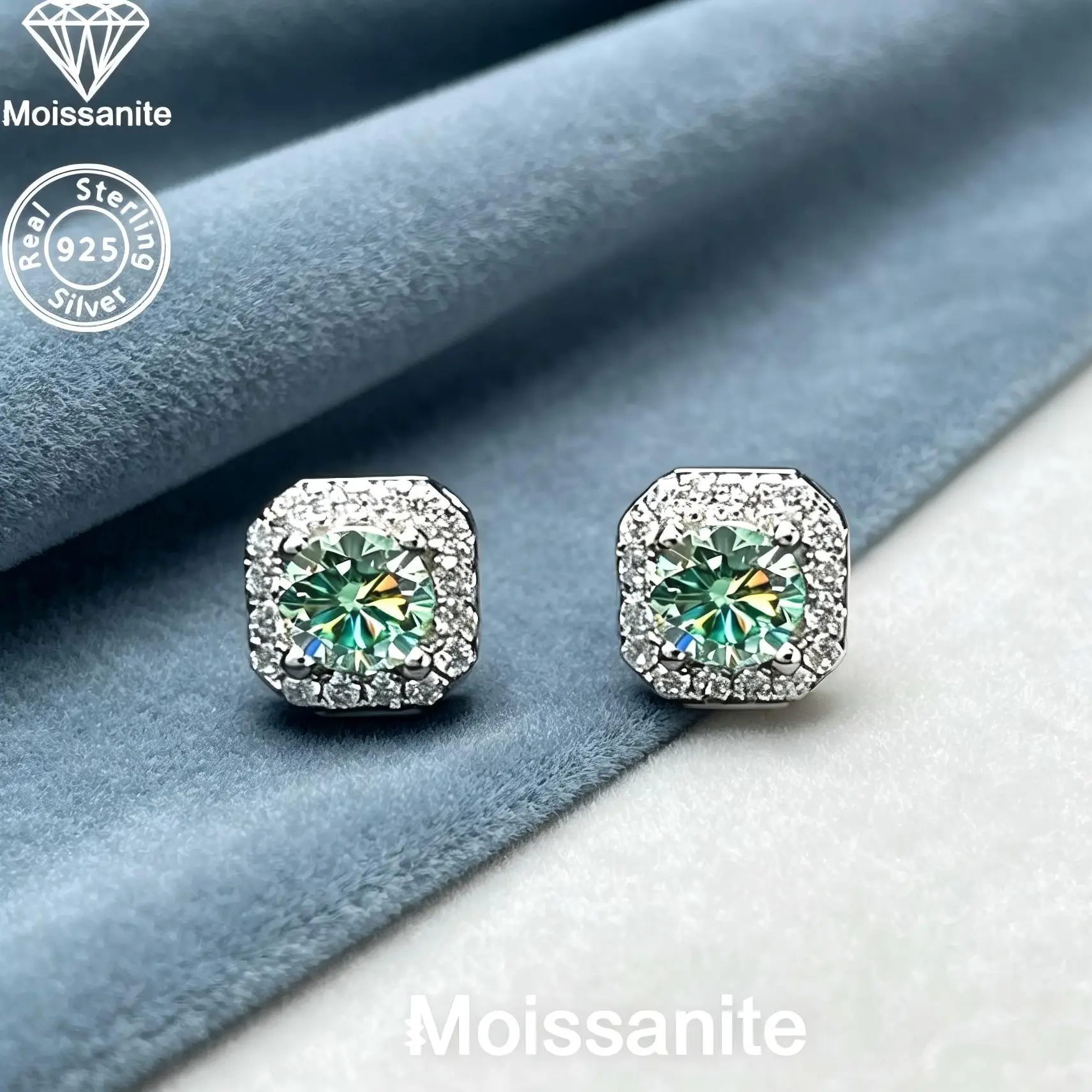925 Sterling Silver Green Moissanite Halo Earrings, 0.5CT Round Brilliant Cut Green Moissanite Stud Earrings with Cushion-Shaped Moissanite Halo, Ideal Gift for Her