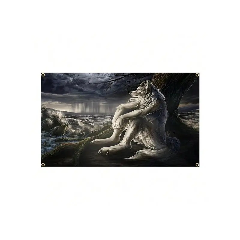 Multicolor Emo White Sitting Wolf Meme Decorative Tapestry - Goth Home Supplies Wall Art, 1-Piece Printed Werewolf Hangable for Bedroom Home Decor
