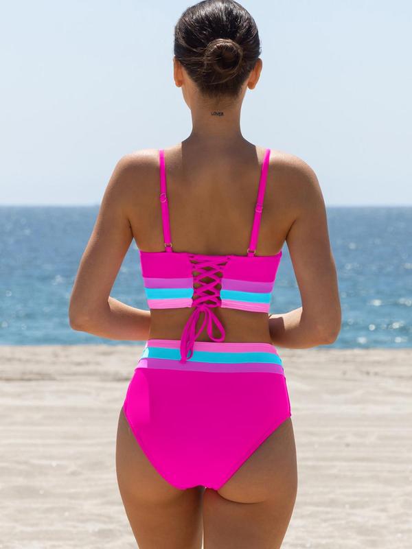 Popvil Patchwork Sporty 3 Piece Bikini Sets,Tummy Control & High Waisted Swimsuit with Wide Shoulder Straps