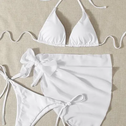 Three-Piece Set Women's Solid Bikinis Set, Casual Padded Triangle Halter Swim Top & Tie Side Swim Bottom & Cover Up Skirt Set for Beach Holiday Vacation, Plain Bikini Set, Fashion Beachwear Swimwear, Bikini Swimsuit Set