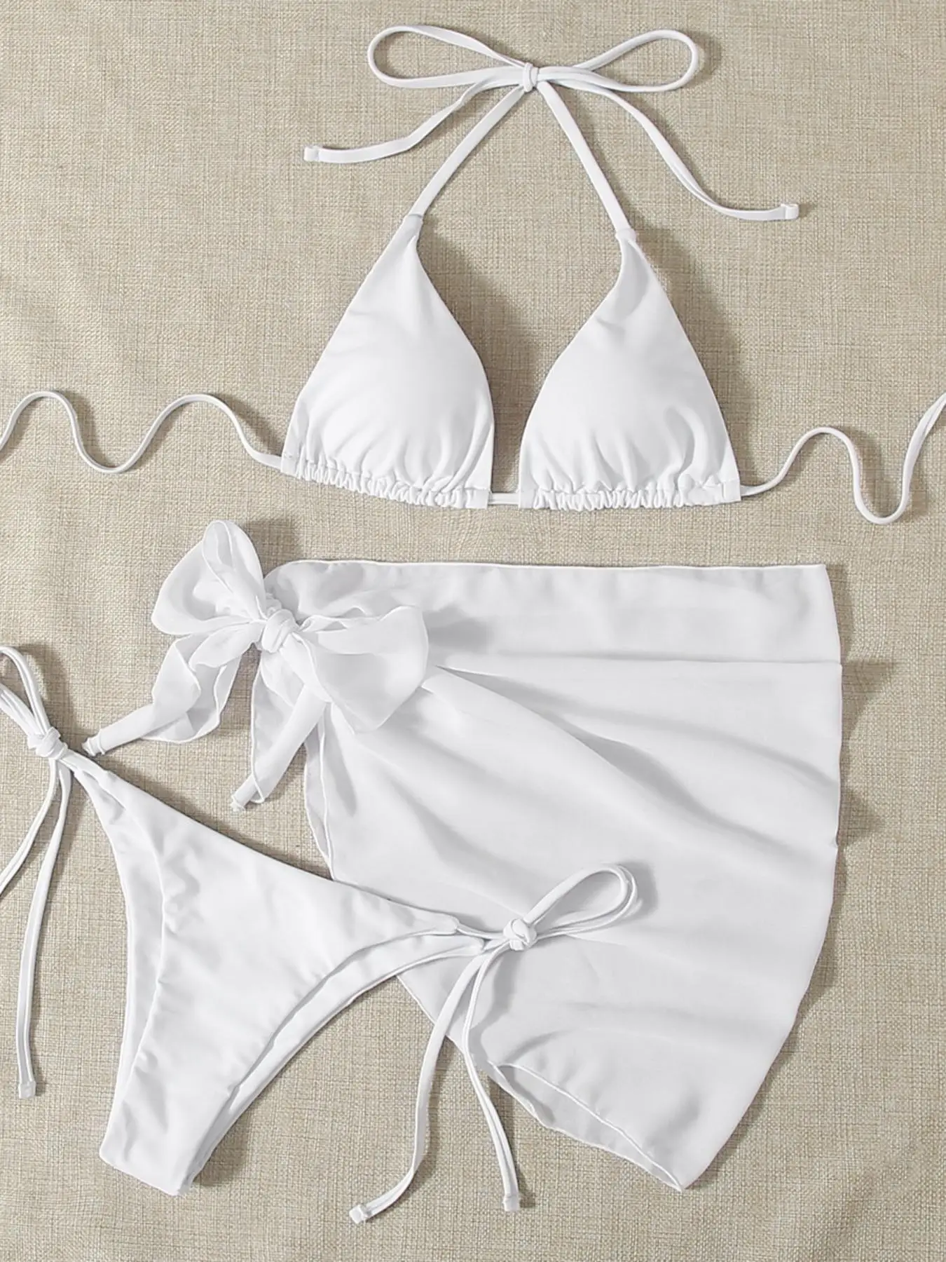 Three-Piece Set Women's Solid Bikinis Set, Casual Padded Triangle Halter Swim Top & Tie Side Swim Bottom & Cover Up Skirt Set for Beach Holiday Vacat