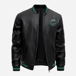 Men’s black PU leather bomber jacket — contrasting green stripes and embroidered logo, multifunctional sleeve pockets, a fashionable, casual autumn–winter jacket GARMENTARY