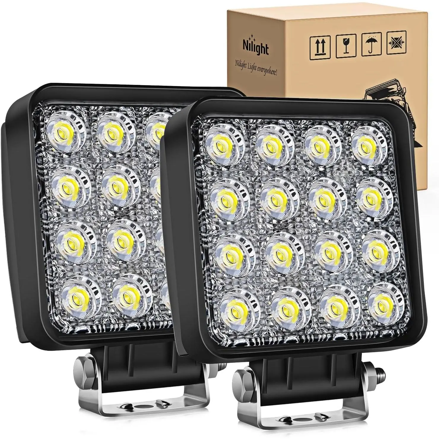 Nilight 2PCS 4-Inch 48W Square Aluminum LED Floodlights, Off-Road Truck & ATV Work Lights, Automotive Car LED Lights Accessories, Led Lights Car