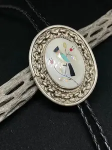 Native American Zuni Inlay Vintage Mother Of Pearl Bird Sterling Bolo Tie