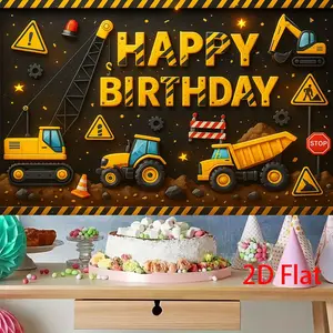 2D Flat, [2D Flat Party Banner] 1pc. Construction - themed "Happy Birthday" banner backdrop. Available in multiple sizes. Ideal for birthday parties, home decoration, yard welcome sign banner, garden decoration props, party photography props.