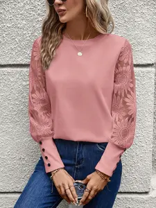 Women's Lace Sleeve Patchwork Waffle Knit Top, Fitted Casual Basic Spring & Fall Fashion, Long Sleeve Drop Shoulder Blouse, Shirts, Basic Blouses, Womenswear
