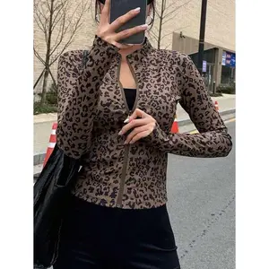 Women Fashionable Slim Fit Stand Collar Leopard Print Jacket With Zipper