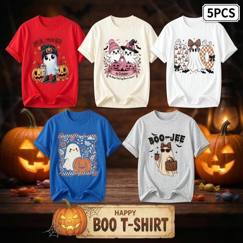 Women's Plus Size 5-Pack Halloween Cotton T-Shirts, Casual Fitted Short-Sleeve Crewnecks, Cute Ghost Boo Graphic, Comfortable Fabric Fall Tops