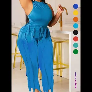 Solid Round Neck Tank Top & Tie Front Fringe Trim Pants Set, Fall Sleeveless Crew Neck Top & Trousers for Daily Wear, Ladies Clothing for Fall Casual Fashion