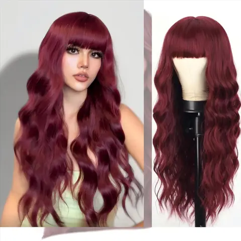 Women's 26in Wine Red Body Wave Synthetic Full Machine Wig with Flattering Bangs, Glueless Heat-Resistant Fiber, Glam Curls, Daily Wear, Daily Glam in 3 Minutes, 24/7 Support, Bang Synthetic Full Machine Wigs for Women