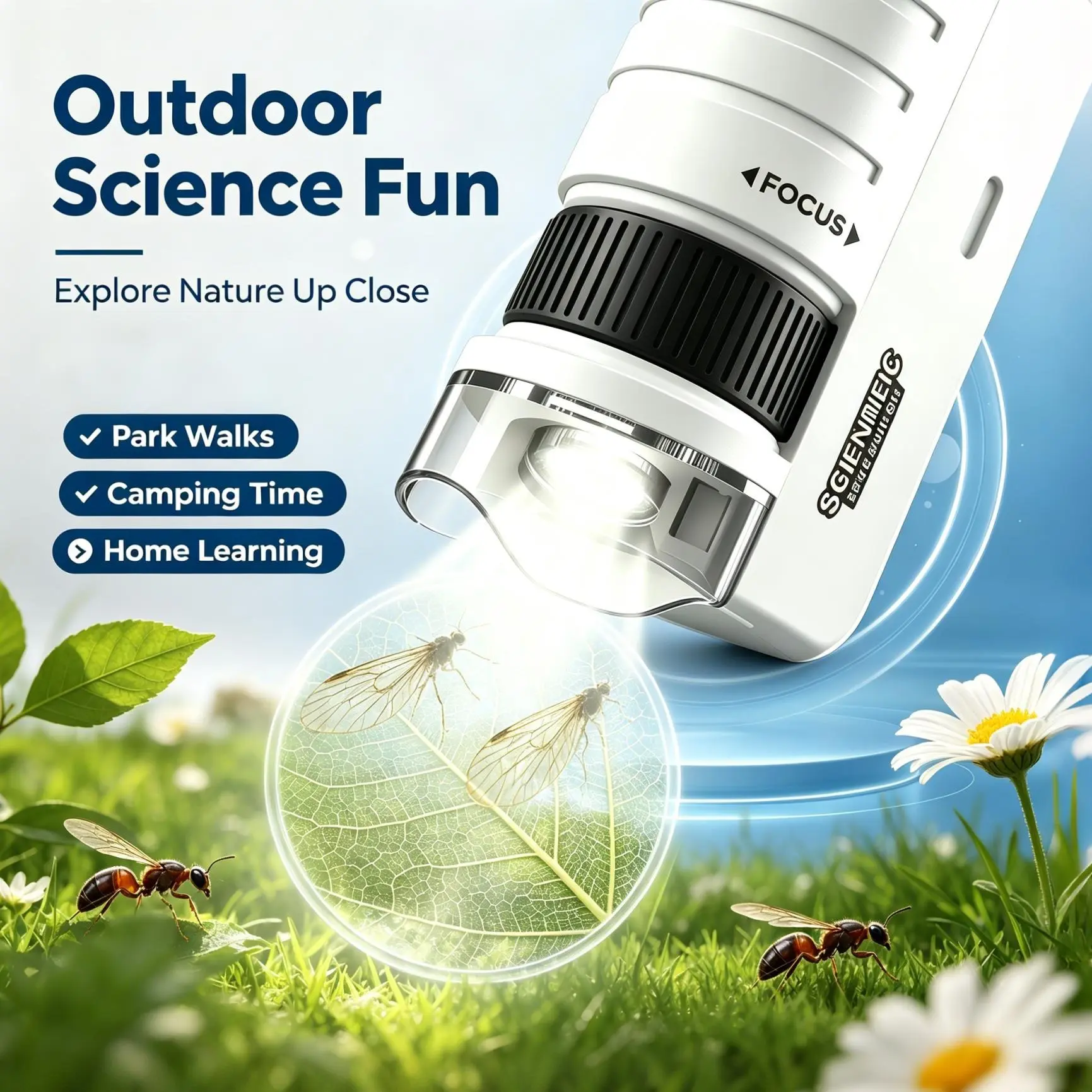 Handheld Pocket Microscope for Kids 6+, 60-200x Adjustable Zoom STEM Learning Toy, ABS Plastic Casing, Built-in LED Light, Anti-Lost Woven Lanyard for Backyard Exploration
