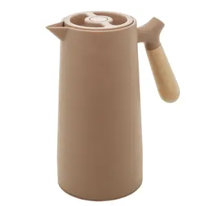 34oz/1L Insulated Coffee Pot, Food Grade Plastic Outer Layer, Glass Inner Liner, Wood Grain Handle, Keeps Drinks Hot or Cold, Leak-Proof, Coffee Making Tool