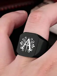 1PC Black Stainless Steel Initial Engraved Ring, Bold Wide Personalized Jewelry for Men, Daily Wear & Gift