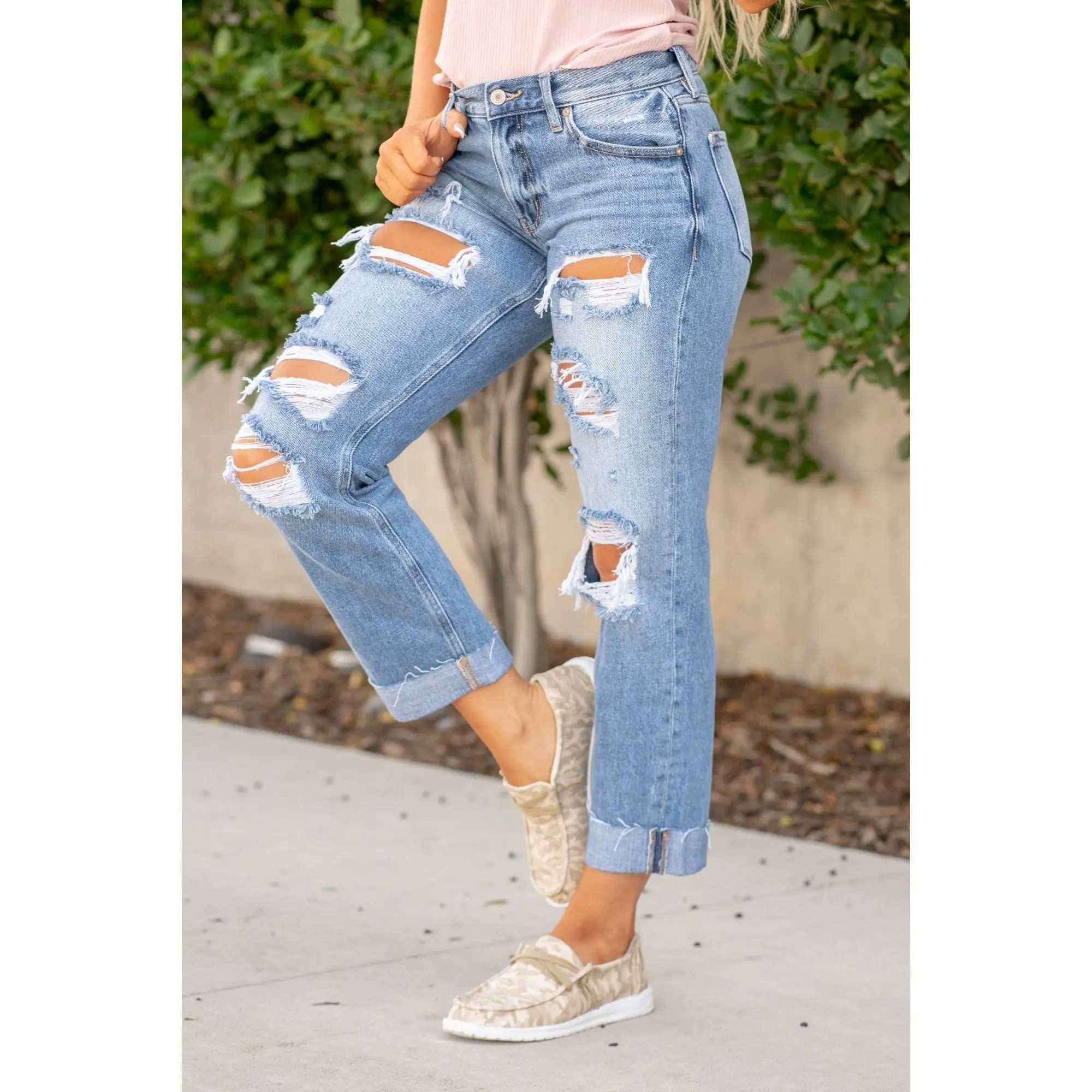 KanCan Kenney Mid Rise Ripped Boyfriend Jeans Medium Blue Bottom Cuffed