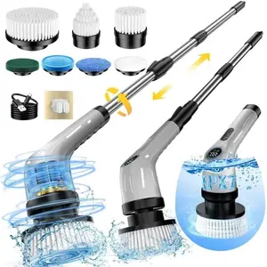 Electric Spin Scrubber, Full-Body IPX7 Waterproof Cordless Power Cleaning Brush with Adjustable Extension Handle, 2-Speed Shower Scrubber with 7 Replaceable Brush Heads for Bathroom, Kitchen, Grey