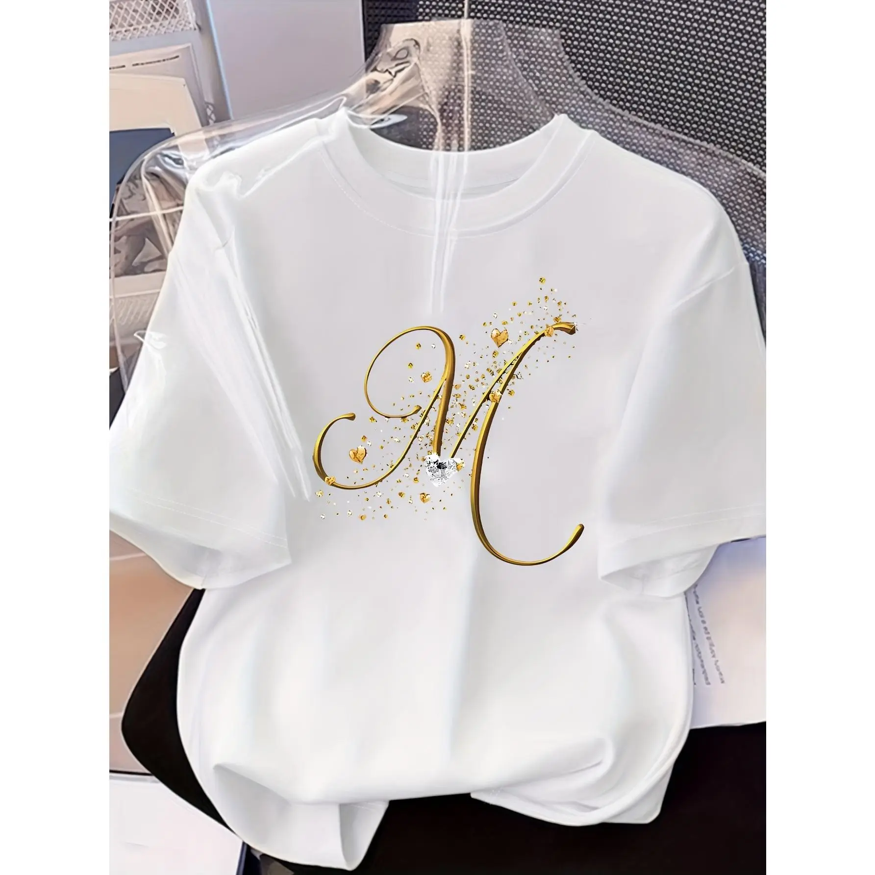 Men's Classic Letter Print T-Shirt, Soft Cotton Streetwear Style Short-Sleeve Tee, Lightweight Menswear for Summer Outfits, Unisex, Fabric, Round Neck, Casual, Crew Neck, Shortsleeve, Breathable, Tops, Unisex Fit, Graphic