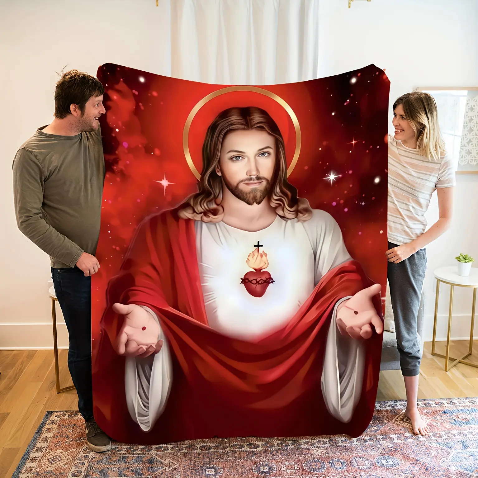 Saint Jesus Sacred Heart Flannel Blanket, Warm and Comfortable Religious Theme Home Ornament Blanket, with Elegant Red and Sacred Design,Wedding Anniversary Commemorative Gift,Baptism Gift For Newborns,Holiday Gift Spoppers