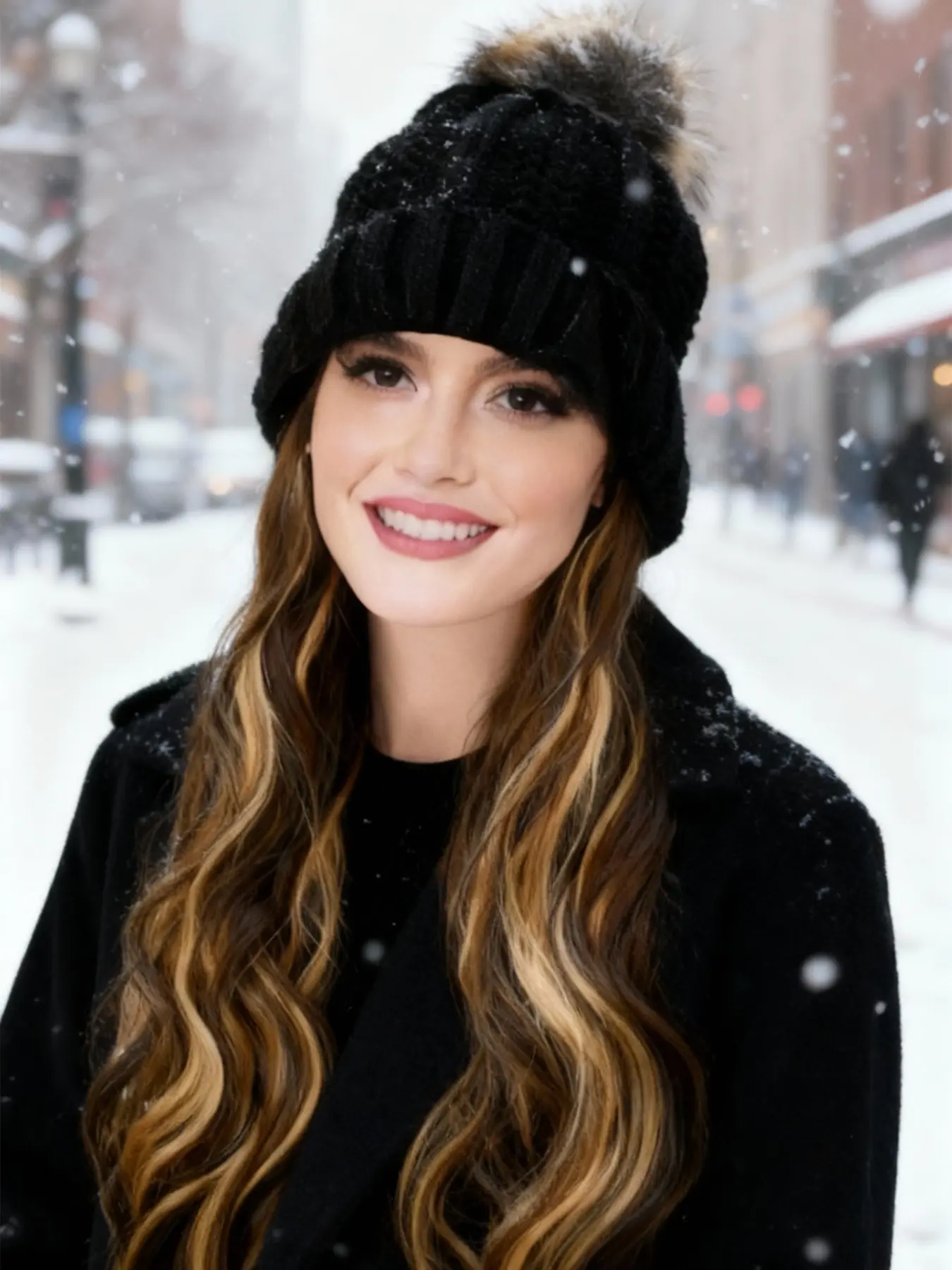 Women's Warm Knitted Beanie Fitted Wig with 12 Inch Beach Wavy Hair Extension, Synthetic Hairpiece for Fall & Winter, Hat, Deep Highlighted, Knitting beanie