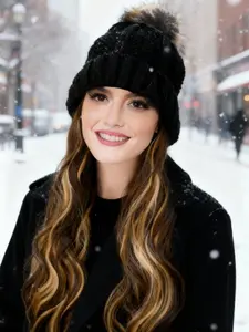 Women's Warm Knitted Beanie Fitted Wig with 12 Inch Beach Wavy Hair Extension, Synthetic Hairpiece for Fall & Winter, Hat, Deep Highlighted, Knitting beanie