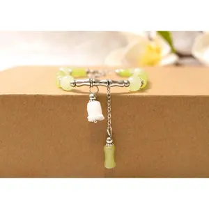 Bamboo Jade Green Bead Bracelet with Korean Bell Flower (Chorong) Charm, Traditional Korean Hanbok Inspired Jewelry, Gift Ready