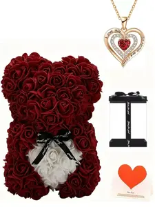 Valentine's Day Gift Set for Girlfriend, Ruby Heart Necklace, Hugging Bear, Card, Box, Perfect for Mother's Day, Express Love, Gifts Set