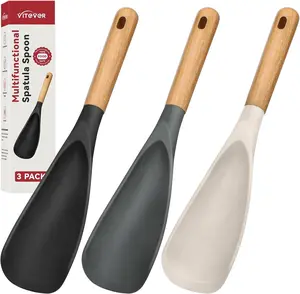 3 PACK Cooking Spatula Spoon for Nonstick Cookware, Multifunction Spoonula Great for Cooking, Serving, Baking, Mixing, Stirring, Scoop, Scrape - Sturdy Bpa-Free Heat Resistant Silicone & Wood Handle VITEVER