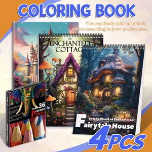 3pcs Coloring Book Set, Comprehensive Set with 36 Colored Pencils - Enchanted Cottage & Fairytale House Themes - Thick Paper for Beginners, Adults - Easy, Fun Artwork for Mindfulness & Leisure - Perfect Gift for Christmas, Ramadan, New Year