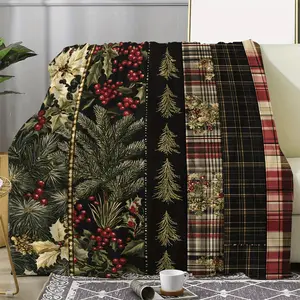 1pc Vintage Christmas Flannel Blanket, Cedar and Plaid Patchwork Design, Lightweight All-Season Comfort, Ideal for Bed, Sofa, Camping - 100% Polyester, Quilted, Digital Print, Geometric Pattern, 200-250gsm