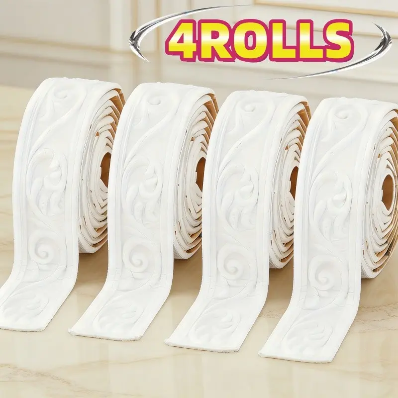 4 Rolls 230cm 3D Embossed Flexible Foam Wall Decor, Luxury Crown Design, Self-Adhesive Backed Base Plate, Wallpaper Border, Wall Mold, Interior Walls, DIY Wallpapers