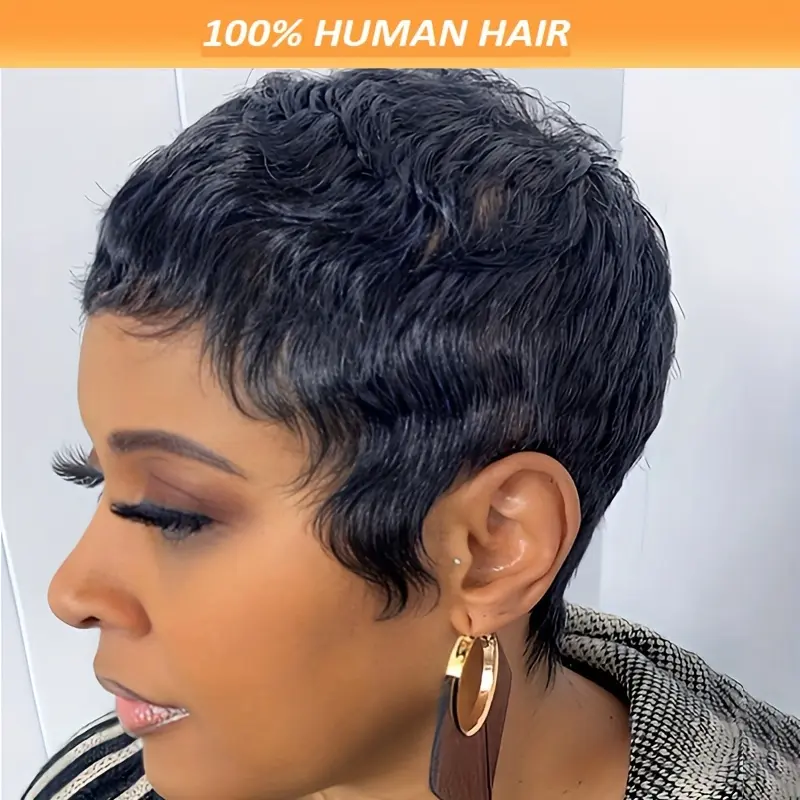 Women's Chic Silky Straight Pixie Short Cut Wig - 150% Density Real Human Hair, Full Machine Made, Natural Black with Blonde Highlights, BreathCap Female Wig